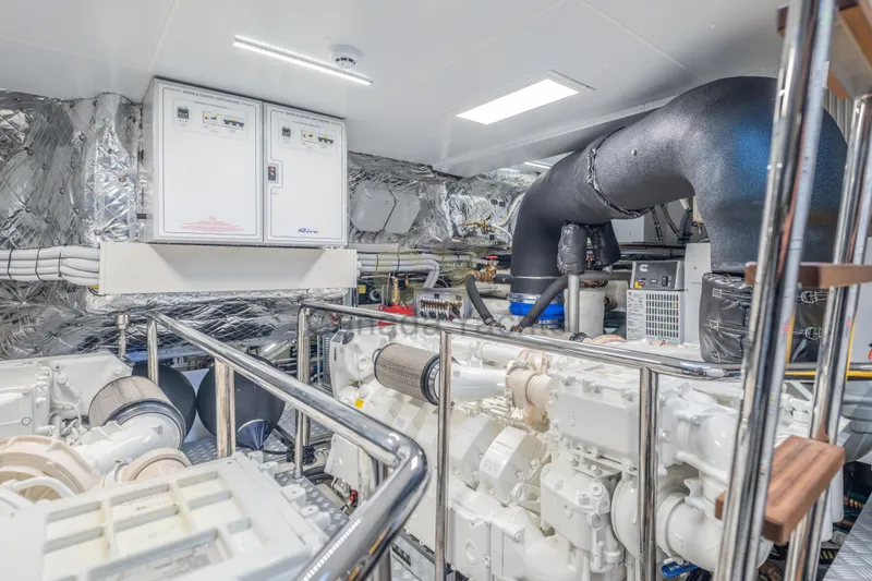 Allora Yacht Photos Pics Engine room of 2026 Riva 82' Diva yacht, showcasing advanced machinery and equipment.