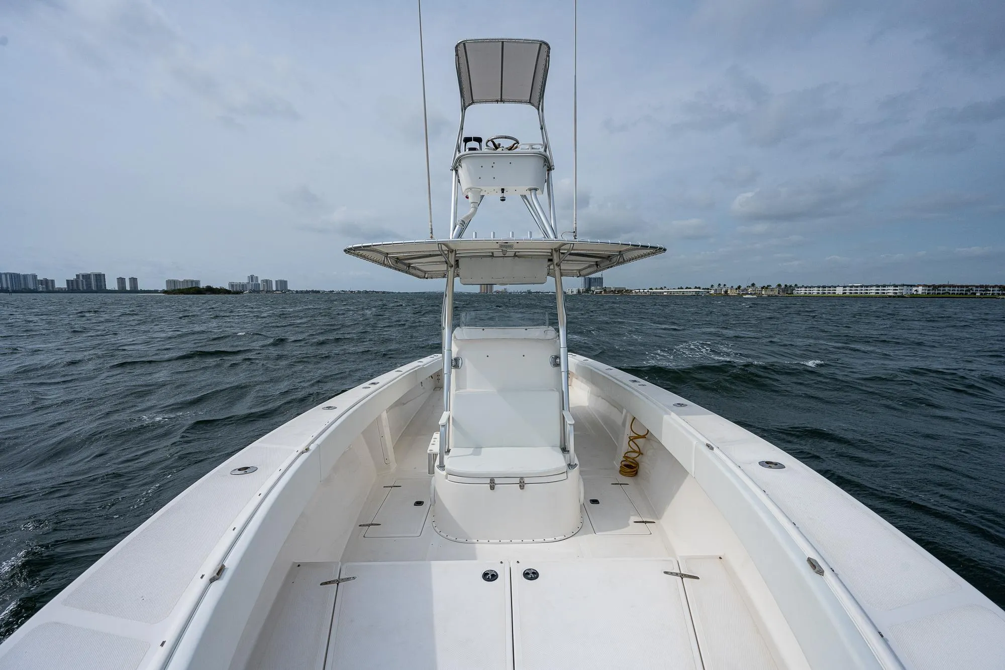 1999 Venture 34 Open CC boat on open water, view from bow.