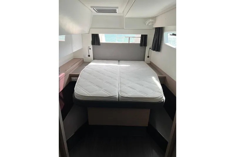 Portlish Yacht Photos Pics Interior cabin of 2022 Fountaine Pajot Tanna 47 catamaran with double bed.