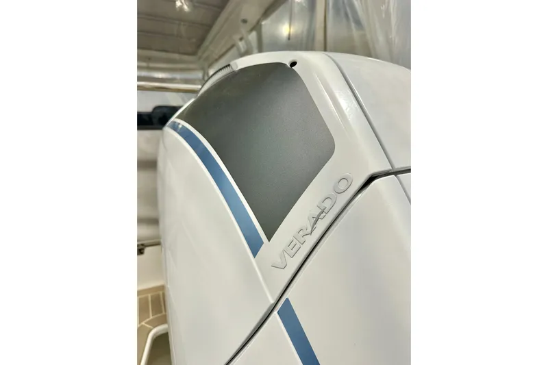 Delphin Yacht Photos Pics Close-up of a 2023 Nimbus Weekender 9 Verado engine detail.