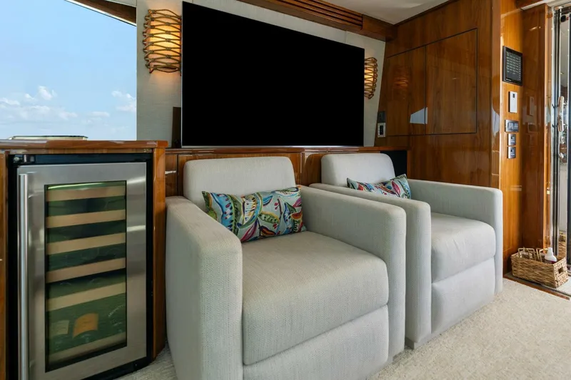 Mana Yacht Photos Pics Luxurious interior of 2021 Viking 82 Cockpit Motor Yacht with plush seating and entertainment system.