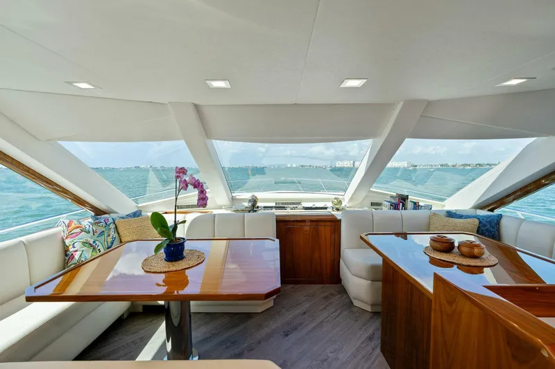 Mana Yacht Photos Pics Luxurious interior of 2021 Viking 82 Cockpit Motor Yacht with ocean view.