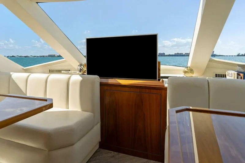Mana Yacht Photos Pics Luxurious interior of 2021 Viking 82 Cockpit Motor Yacht with ocean view.