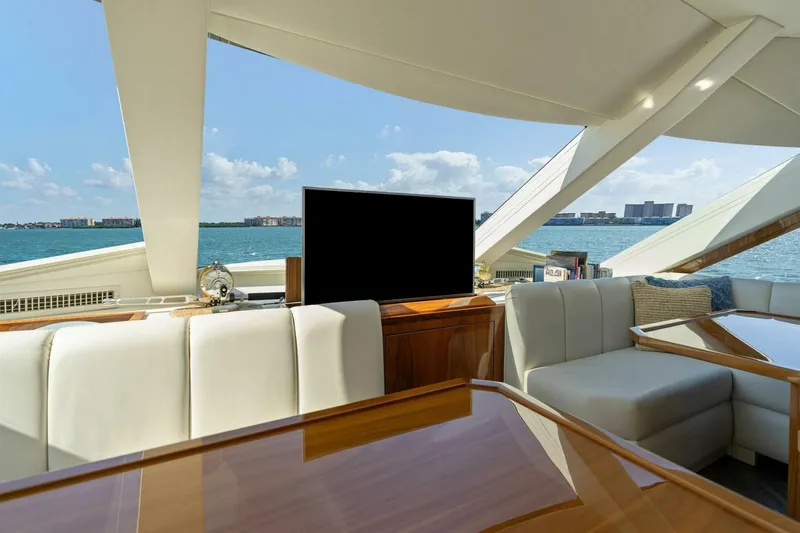 Mana Yacht Photos Pics Luxurious interior of 2021 Viking 82 Cockpit Motor Yacht with ocean view.