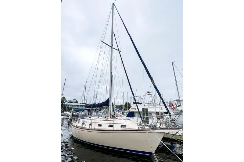 Delicia Yacht Photos Pics 1995 Island Packet 40 sailboat docked in a marina, overcast sky.