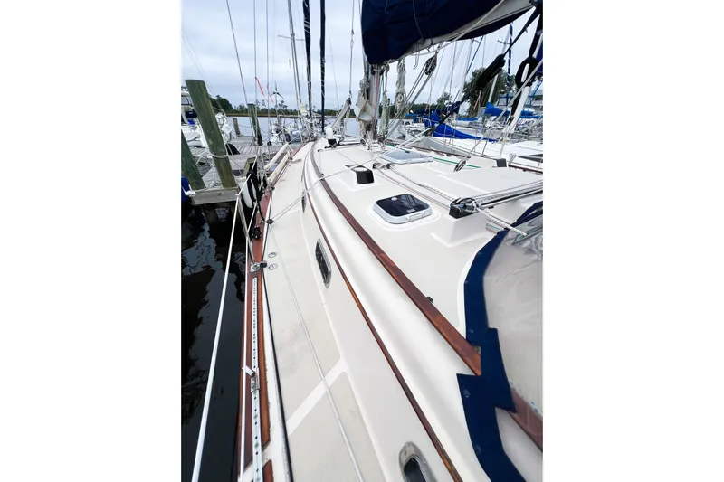 Delicia Yacht Photos Pics 1995 Island Packet 40 sailboat docked, showcasing deck and rigging details.