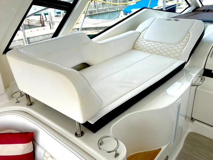  Yacht Photos Pics 2019 Sea Ray Sundancer 350 Coupe interior with luxurious white seating and modern design.