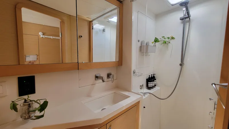 Momentum Yacht Photos Pics Luxurious bathroom in 2012 Lagoon 450 F yacht with modern fixtures and plants.