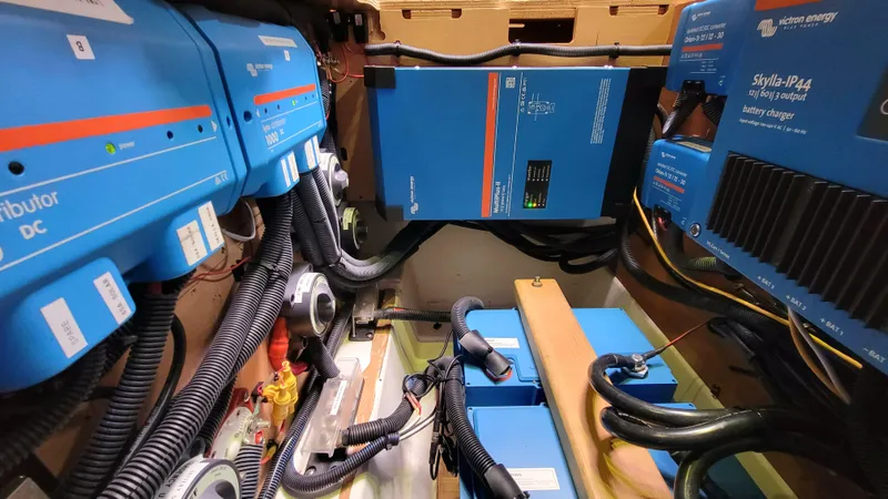 Momentum Yacht Photos Pics Electrical system setup in a 2012 Lagoon 450 F catamaran, featuring Victron Energy components.