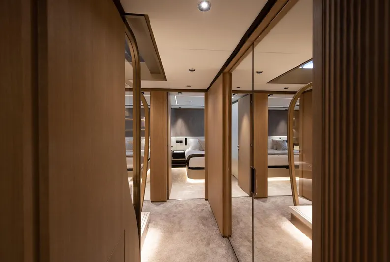 Order To Build Yacht Photos Pics Luxurious interior of 2026 Majesty 111 yacht with modern wood paneling and elegant design.