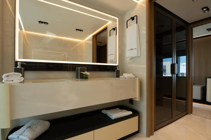Order To Build Yacht Photos Pics Luxurious bathroom interior on Majesty 111 yacht, featuring modern vanity and elegant lighting, 2026 model.