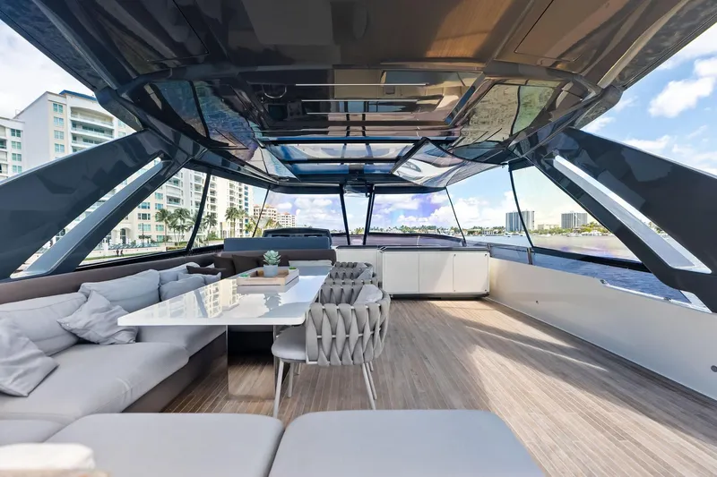 Alter Ego Yacht Photos Pics Luxurious 2018 Ferretti Yachts 850 Motoryacht interior with elegant seating and panoramic views.