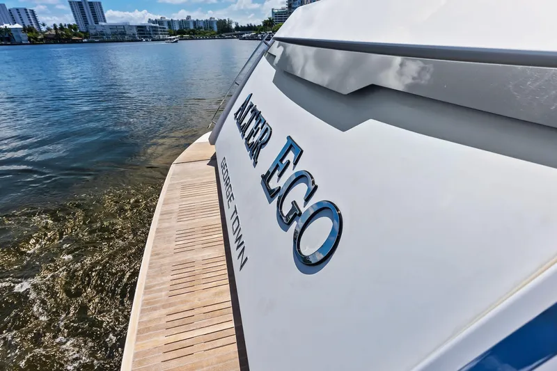 Alter Ego Yacht Photos Pics 2018 Ferretti Yachts 850 Motoryacht on water, showcasing sleek design and luxury.