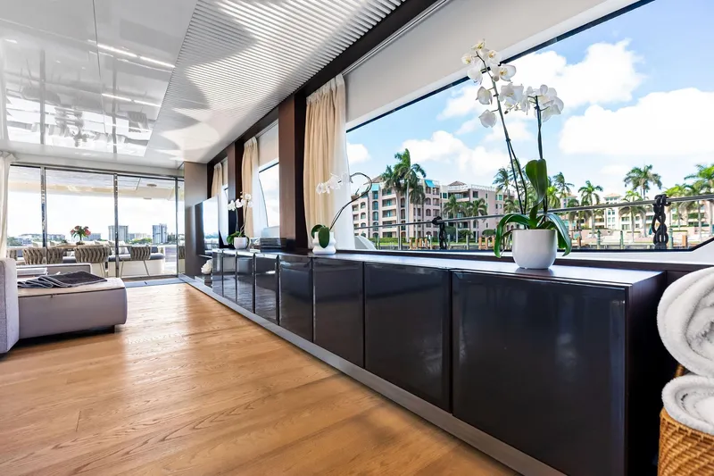 Alter Ego Yacht Photos Pics Luxurious interior of 2018 Ferretti Yachts 850 Motoryacht with elegant decor and scenic views.