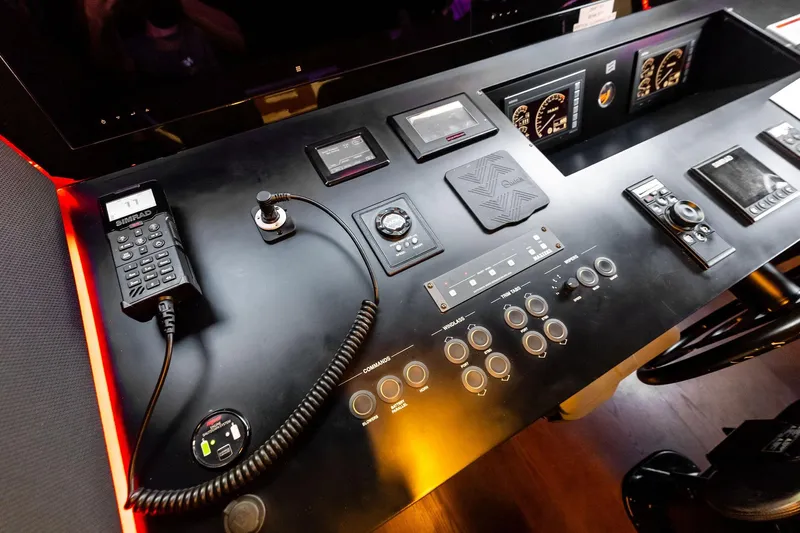 Alter Ego Yacht Photos Pics Control panel of a 2018 Ferretti Yachts 850 Motoryacht with navigation instruments.