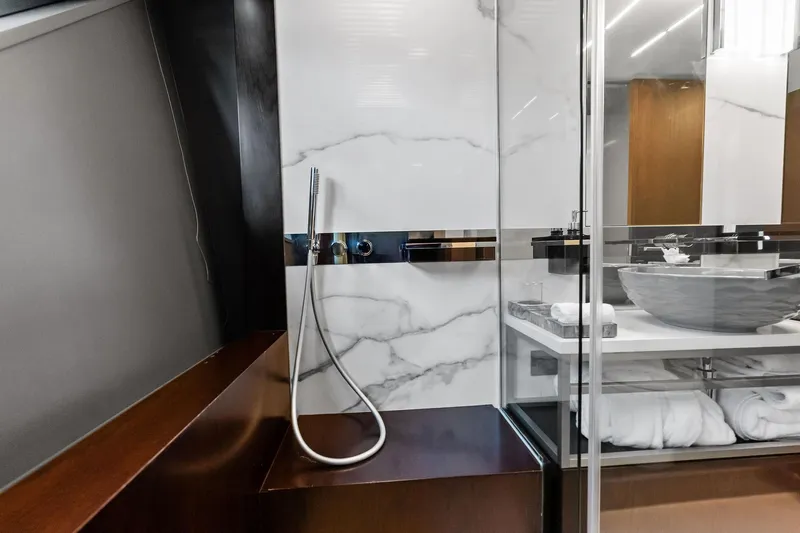 Alter Ego Yacht Photos Pics Luxurious bathroom interior of 2018 Ferretti Yachts 850 Motoryacht with modern fixtures.