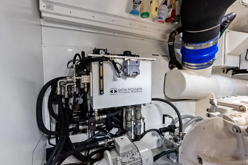 Alter Ego Yacht Photos Pics Engine room of 2018 Ferretti Yachts 850 Motoryacht with Side-Power thruster system.