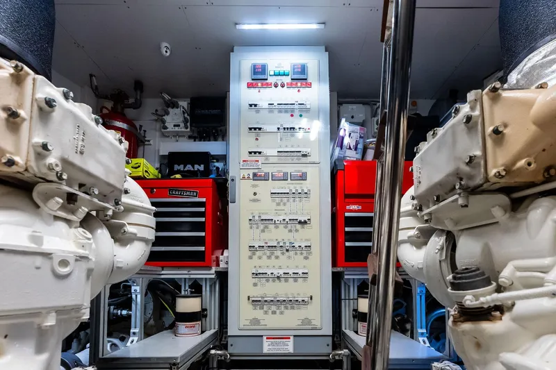 Alter Ego Yacht Photos Pics Engine room of 2018 Ferretti Yachts 850 Motoryacht with control panel and machinery.