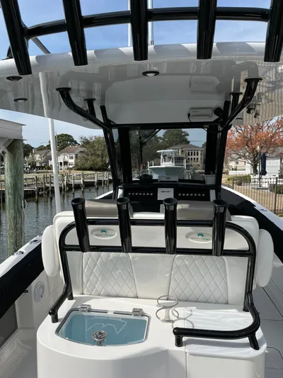  Yacht Photos Pics Interior view of 2023 World Cat 280 CC-X boat at dock.