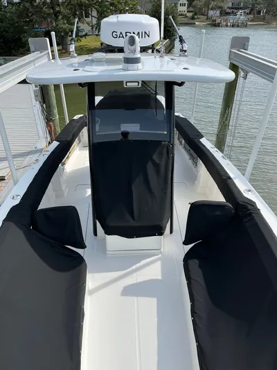  Yacht Photos Pics 2023 World Cat 280 CC-X boat at dock with Garmin equipment.