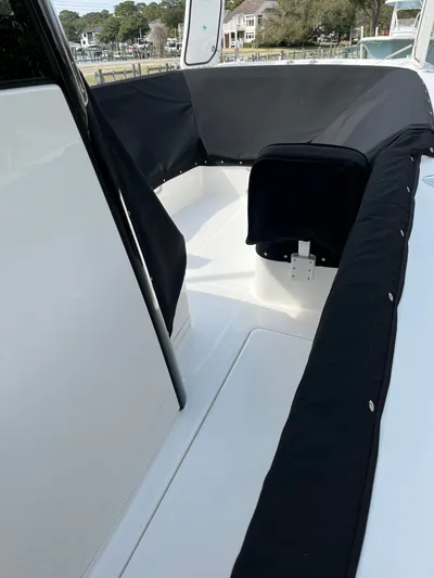  Yacht Photos Pics Interior of 2023 World Cat 280 CC-X boat with black cover.