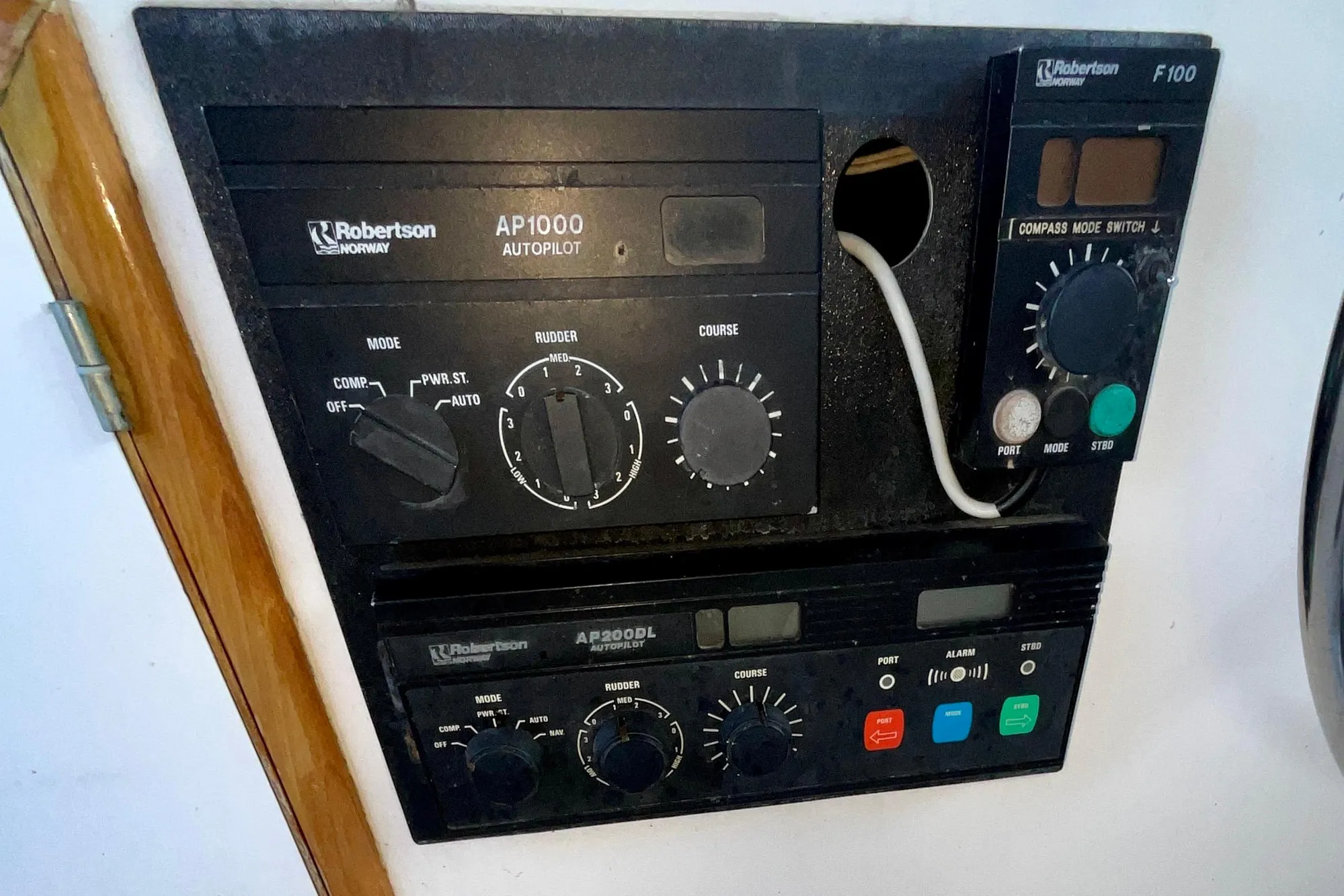 Control panel of a 1987 Lien Hwa 47 Cockpit Motor Yacht with Robertson autopilot system.