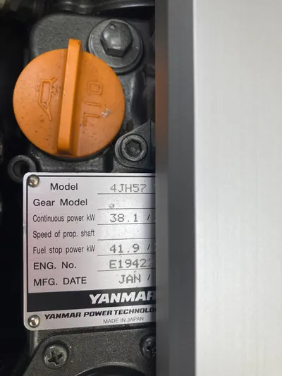 Kaya Yacht Photos Pics Yanmar engine label on a 2021 Lagoon 42 catamaran, showing specifications and manufacturing details.