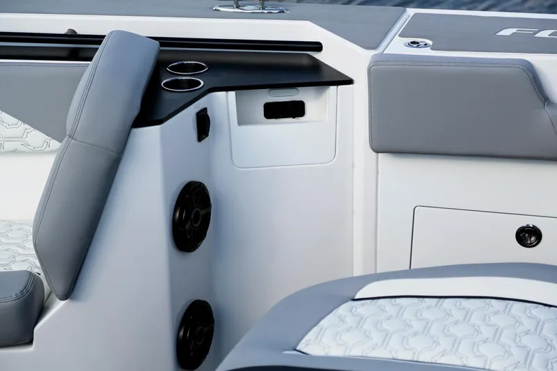  Yacht Photos Pics Interior of 2025 Fountain 38 SCX boat with gray seating and cup holders.