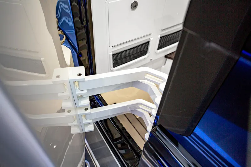  Yacht Photos Pics Close-up of 2025 Fountain 38 SCX boat interior with sleek, modern design elements.