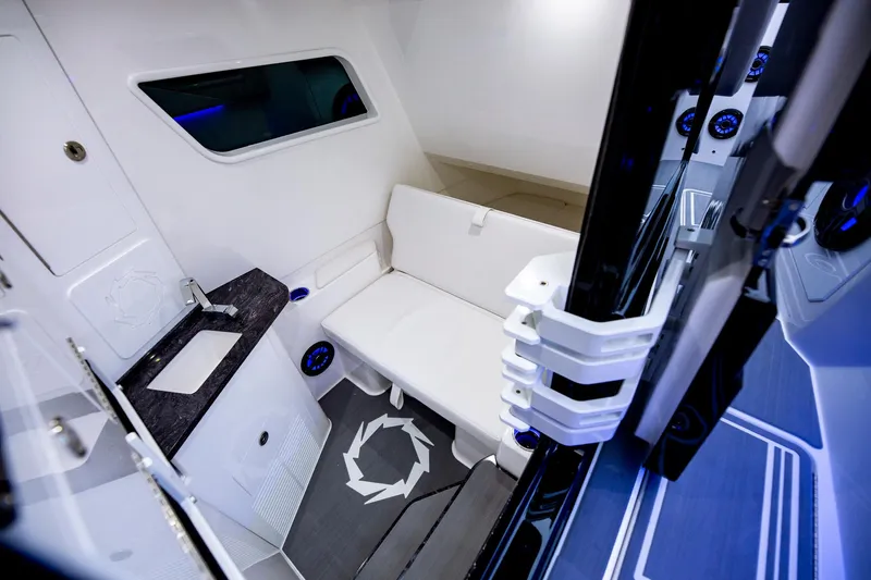  Yacht Photos Pics Interior of 2025 Fountain 38 SCX boat, featuring sleek seating and modern design elements.