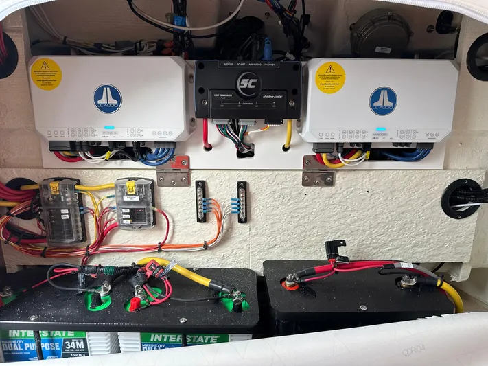  Yacht Photos Pics 2024 Fountain 32 NX boat electrical system with batteries and wiring components.