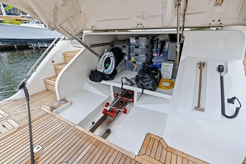 Hullabaloo Yacht Photos Pics Storage compartment of a 2021 Princess V55 yacht, featuring organized equipment and accessories.