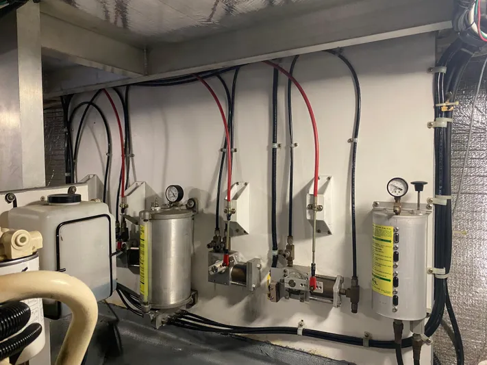 Coldwater Fusion Yacht Photos Pics Engine room of 1998 Navigator 5300 Classic with fuel system components and gauges.