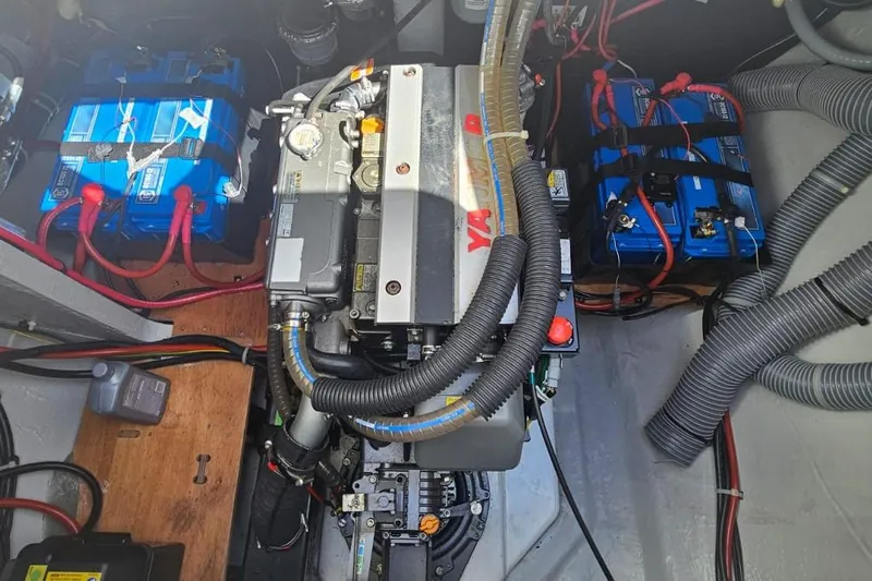 Artemis Yacht Photos Pics Engine compartment of 2023 Lagoon 46 yacht with batteries and wiring.