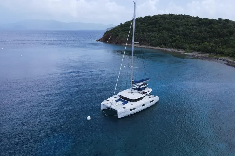 Artemis Yacht Photos Pics 2023 Lagoon 46 catamaran anchored in serene bay with lush green island backdrop.