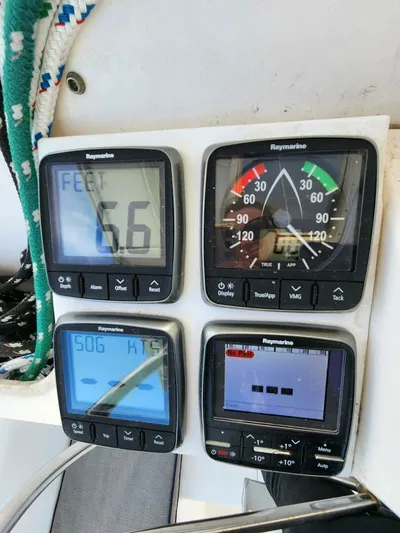  Yacht Photos Pics Raymarine navigation instruments on a 2000 Manta 42 sailboat dashboard.