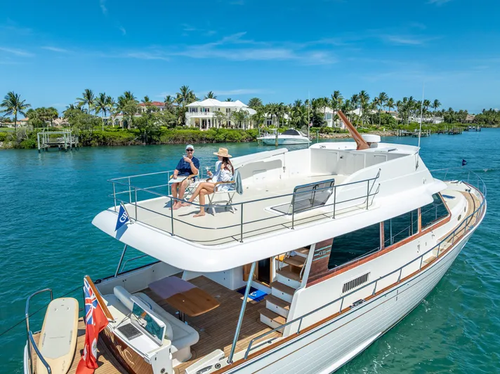 Tonic Yacht Photos Pics 2018 Grand Banks GB60 yacht cruising on a sunny day with passengers relaxing on deck.