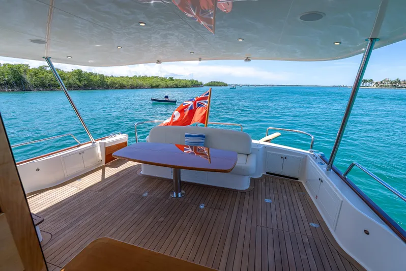 Tonic Yacht Photos Pics 2018 Grand Banks GB60 yacht deck with seating, table, and ocean view.