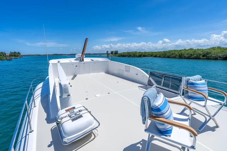 Tonic Yacht Photos Pics 2018 Grand Banks GB60 yacht deck with chairs, cushions, and scenic water view.
