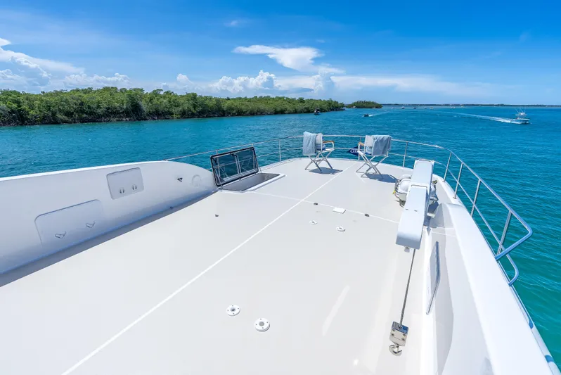 Tonic Yacht Photos Pics 2018 Grand Banks GB60 yacht deck with ocean view and clear blue sky.