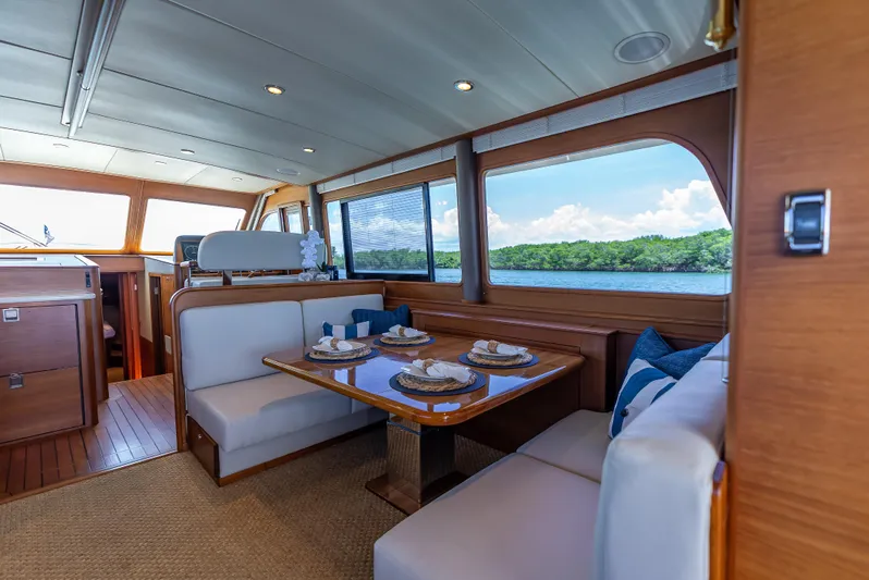 Tonic Yacht Photos Pics Luxurious 2018 Grand Banks GB60 yacht interior with elegant dining area and scenic water views.