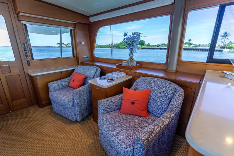 Tonic Yacht Photos Pics Luxurious 2018 Grand Banks GB60 yacht interior with cozy seating and scenic ocean views.