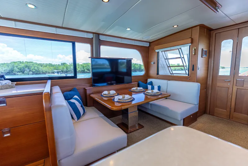 Tonic Yacht Photos Pics Luxurious 2018 Grand Banks GB60 yacht interior with dining area and scenic window views.