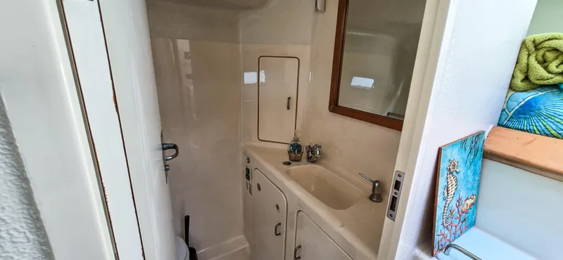 Makai Yacht Photos Pics Compact bathroom in a 1997 Voyage Mayotte 50 yacht, featuring sink, mirror, and storage.