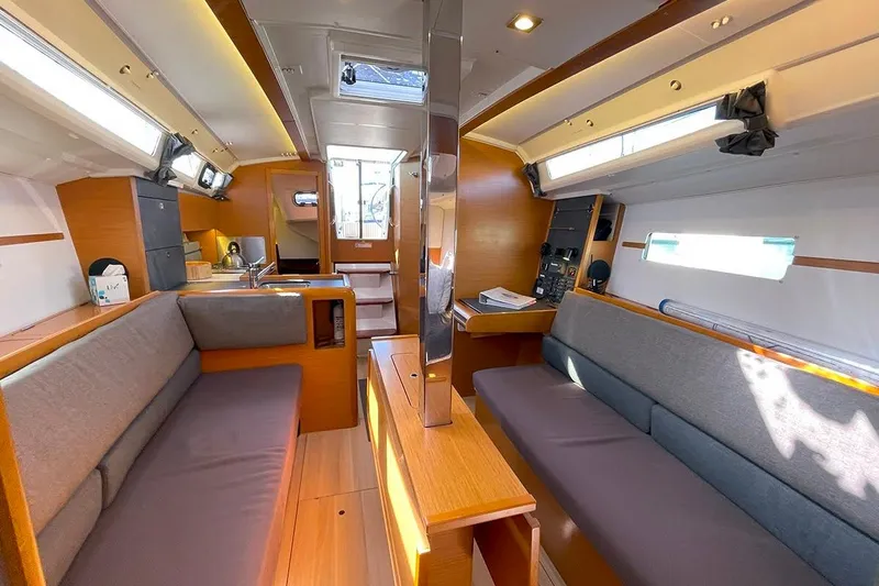 Imagine Yacht Photos Pics Interior of 2017 Jeanneau Sun Odyssey 349 sailboat, featuring cozy seating and modern design.
