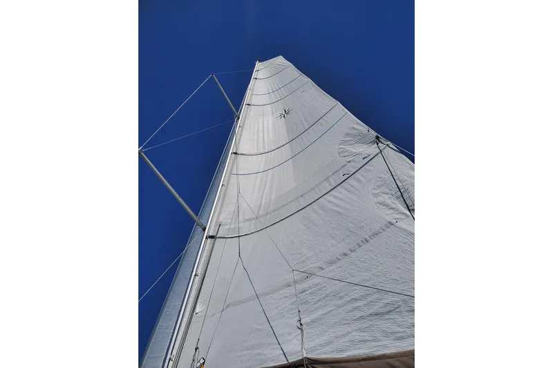Imagine Yacht Photos Pics Sail of 2017 Jeanneau Sun Odyssey 349 against clear blue sky.