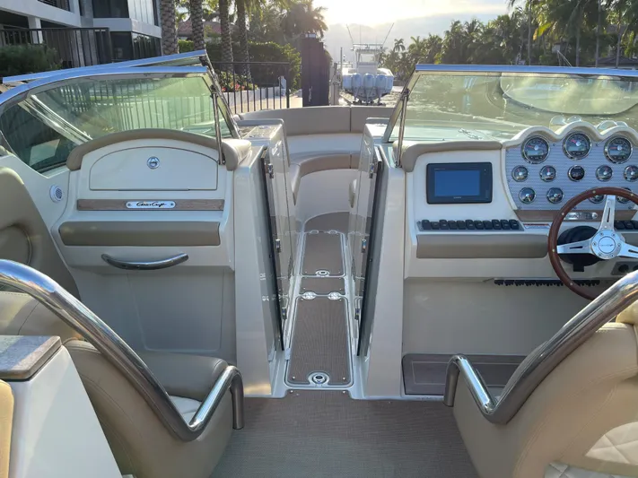 Grato Yacht Photos Pics 2015 Chris-Craft 32 Launch boat interior with dual consoles and modern dashboard.