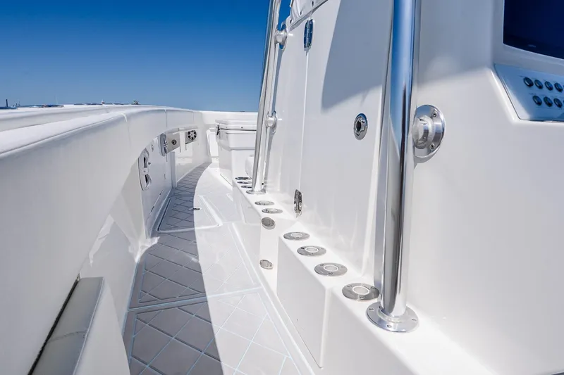 Fear N Money Yacht Photos Pics 2019 Concept 392 ProFish boat deck with sleek white design and stainless steel accents.