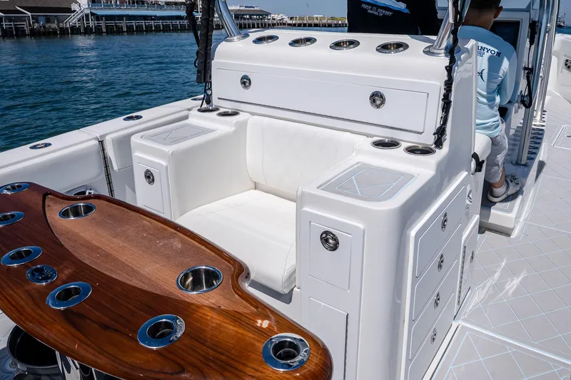 Fear N Money Yacht Photos Pics 2019 Concept 392 ProFish boat interior with seating and rod holders.