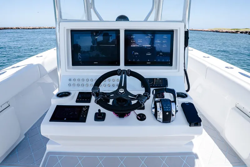 Fear N Money Yacht Photos Pics 2019 Concept 392 ProFish boat dashboard with dual screens and modern controls.
